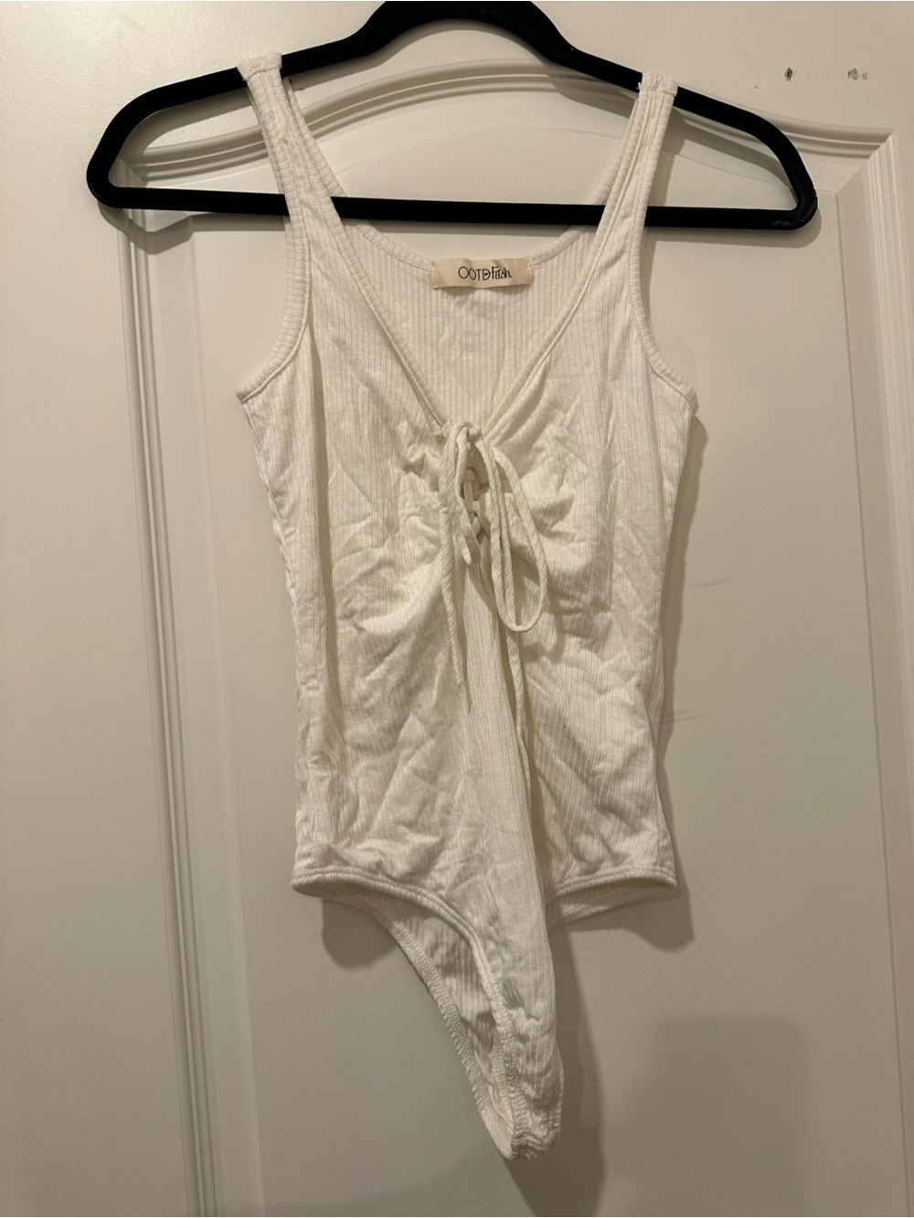 OOTDFash White Ribbed Tie-Front Bodysuit